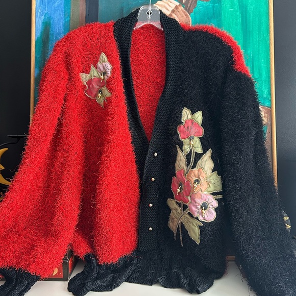 Vintage 80s 90s Red and Black Christmas Floral Patch Teddy Pullover Sweater XXL - Picture 2 of 16